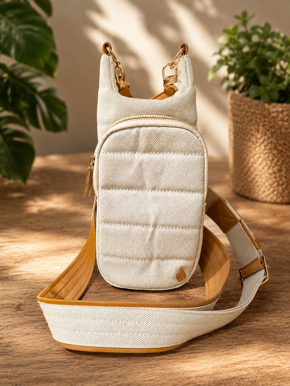 Canvas Mini Crossbody Water Bottle Bag in Cream with Tan Accents